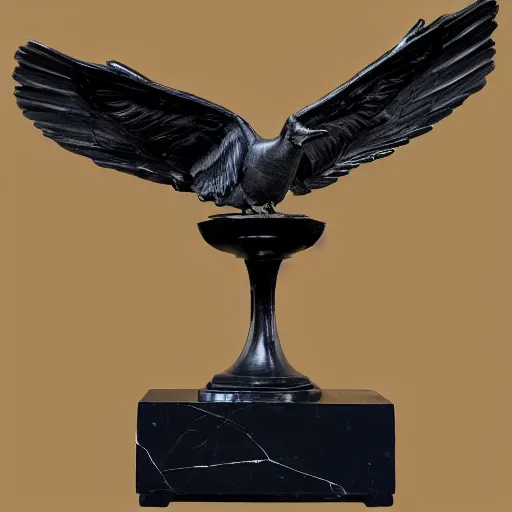 Prompt: a black marble highly detailed and realistic statue of a flying crow, museum lighting, award winning, masterpiece