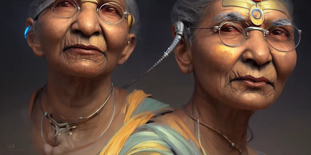 Image similar to ultra detailed face portrait of the mamatha gandhi as a cyborg, extremely detailed digital painting, in the style of fenghua zhong and ruan jia and jeremy lipking and peter mohrbacher, mystical colors, rim light, beautiful lighting, 8 k, stunning scene, raytracing, octane, trending on artstation