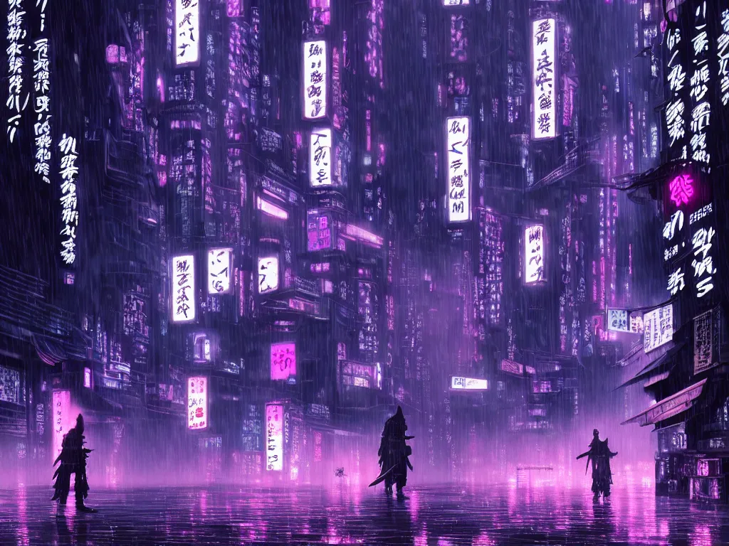 Image similar to high detailed lone samurai in a cyberpunk rainy city at night by Kentaro Miura, purple and pink and blue neons, unreal engine, high quality, 4K, UHD, trending on ArtStation, wires, blade runner vibes, ghost in the shell, akira, dorohedoro