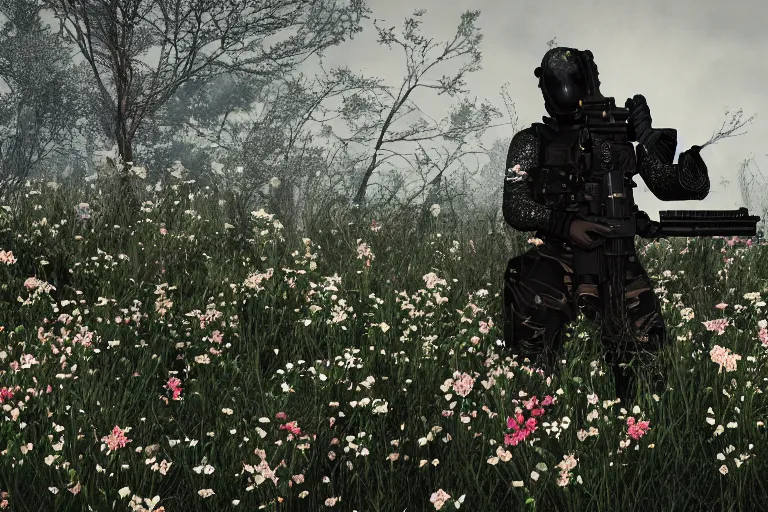 Prompt: overgrown with flowers heckler & koch mp 7 ai. octane render. substance painter painter. black, matte metal. flower field. strong light with dabbled shadows. photoreal.