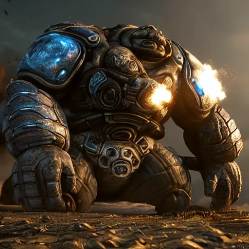 Image similar to a 'Blastoise Tank' in 'Gears of War', splash art, movie still, cinematic lighting, detailed face, dramatic, octane render, long lens, shallow depth of field, bokeh, anamorphic lens flare, 8k, hyper detailed, 35mm film grain