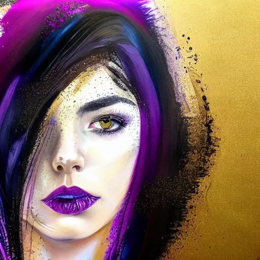 Prompt: masterpiece ink and acrylic dynamic portrait of an aesthetic beautiful realistic black haired woman, gold and purple strands, 3 0 years old woman, mid long hair, black eyed, by joachim bergauer and wlop, artstation, deviantart, pouring acrylic chaotic background, dynamic! curves and splashes, swirling, detailed, intricate