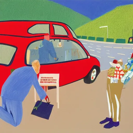 Image similar to an Englishman visits a car boot sale by David Hockney