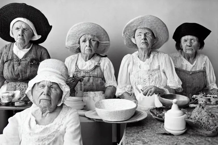 Image similar to close up of three old women from brittany with hats in white lace and folk costumes in a kitchen. they look visibly angry