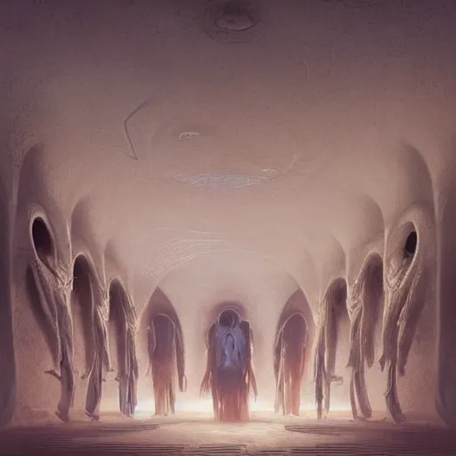 Image similar to rococo science fiction burial chamber hospital filled with cloning vats with indistinct human figures inside, dune concept art by greg rutkowski, zdzisław beksinski, anato finnstark