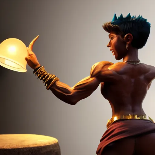 Prompt: a short young genie, with spikey short brown hair, brown skin, abs, a confident smile, emerging from her lamp and flexing her bicep, trending on artstation, 4k, hyperrealistic, focused, extreme details, unreal engine 5, cinematic, masterpiece
