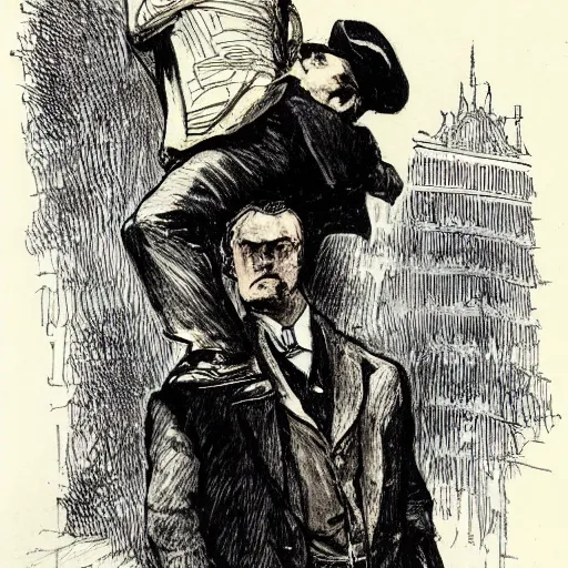 Image similar to Sherlock Holmes carrying Dr Watson on his back, in the style of Sidney Paget