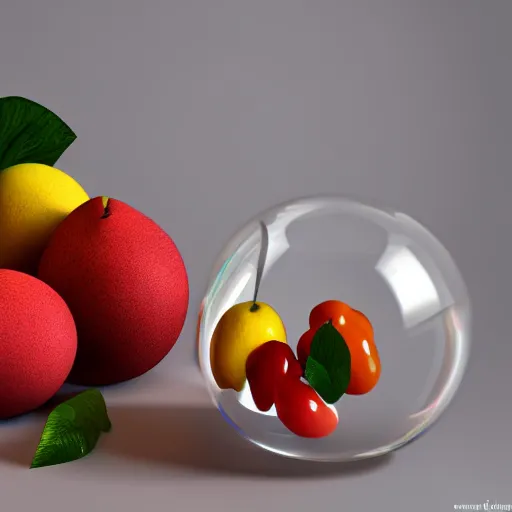 Prompt: A crystal ball in front of a bowl of fruit. Photorealistic, high quality render.