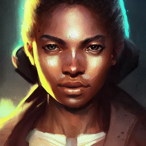 Image similar to portrait of a woman by greg rutkowski, young jedi knight, black, afro hair, pretty, star wars expanded universe, she is about 2 0 years old, wearing jedi robes, highly detailed portrait, digital painting, artstation, concept art, smooth, sharp foccus ilustration, artstation hq