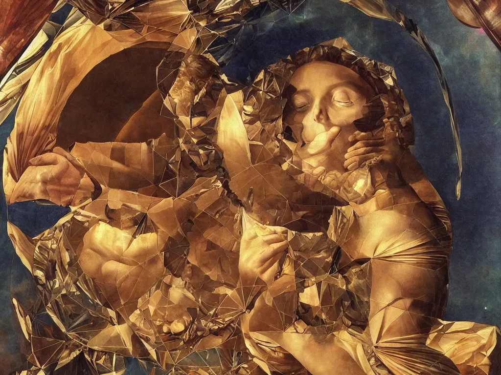 Prompt: hyperrealistic still life painting of a goddess with her third eye blasting open into a new dimension, wrapped in fabric and gently smiling, nautilus shell surrounded by prisms in a tesseract, by Caravaggio, botanical print, surrealism, vivid colors, serene, golden ratio