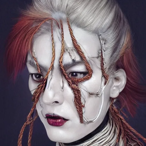 Image similar to portrait of a Shibari rope wrapped face and neck, headshot, insanely nice professional hair style, dramatic hair color, digital painting, of a old 15th century, old cyborg merchant, amber jewels, baroque, ornate clothing, scifi, realistic, hyperdetailed, chiaroscuro, concept art, art by Franz Hals and Jon Foster and Ayami Kojima and Amano and Karol Bak,