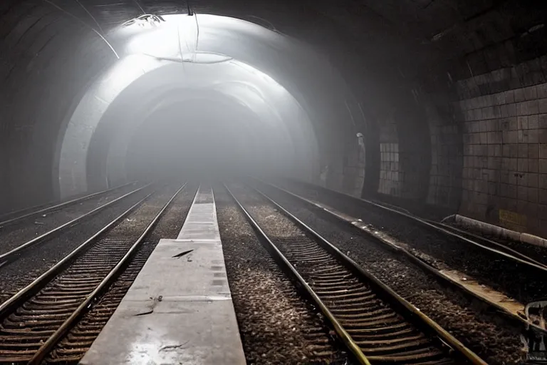 Image similar to very large giant mutant zombie irradiated ( angry rat ) staying on railways in tonnel of moscow subway. tonnel, railways, giant angry rat, furr, fangs, claws, very realistic. fog, silent hill style, extreme long shot, herman nitsch, giger.