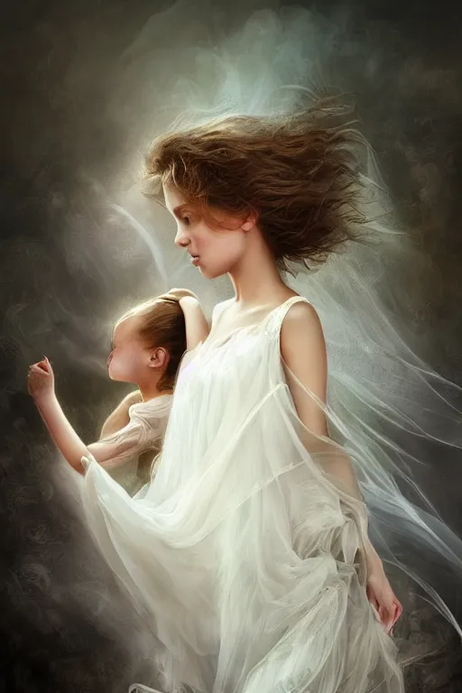 Prompt: very beautiful little girl dancing in the wind, beautiful face, ethereal, bride, beautiful wedding dress, gorgeous, volumetric lighting, elegant, fluid, ultradetailed, digital painting, concept art, illustration, limited color palette, atmosphere and tension, art by greg olsen and liz lemon swindle