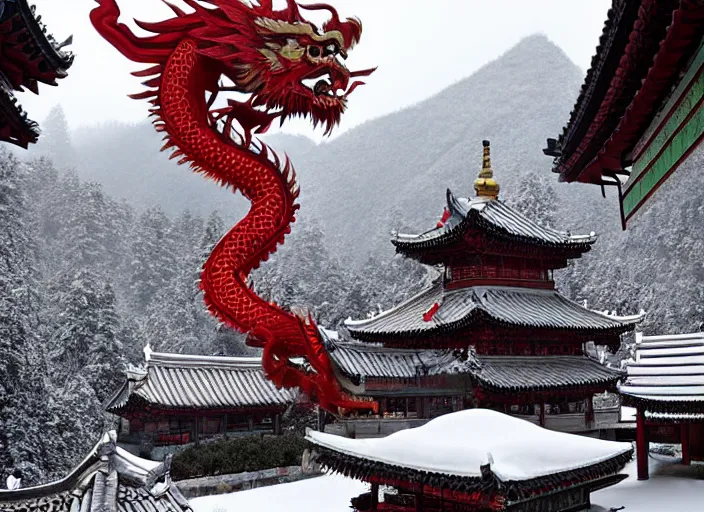 Image similar to chinese dragon floating above a temple in the snowy mountains by morbacher and yoshitaka amano