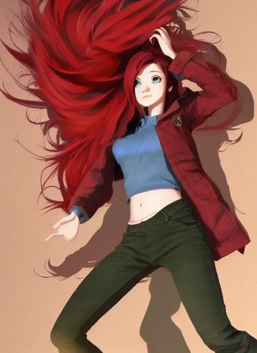 Image similar to full-body shot of an attractive tomboy girl mid jump with long, crimson red hair and red eyes, wearing a brown, open jacket and green jeans with a stern look, midriff, concept art, character design, by WLOP, by Ross Draws, by Tomine, by Satoshi Kon, by Rolf Armstrong