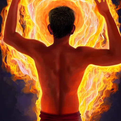 Prompt: young man from behind with flames coming out of hands flying at the end of the world, very detailed, realistic, symmetrical face, art by digital painting