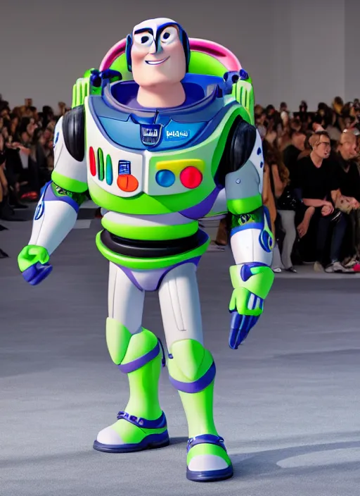 Image similar to hyperrealistic and heavy detailed balenciaga runway show of buzz lightyear, leica sl 2 5 0 mm, vivid color, high quality, high textured, real life