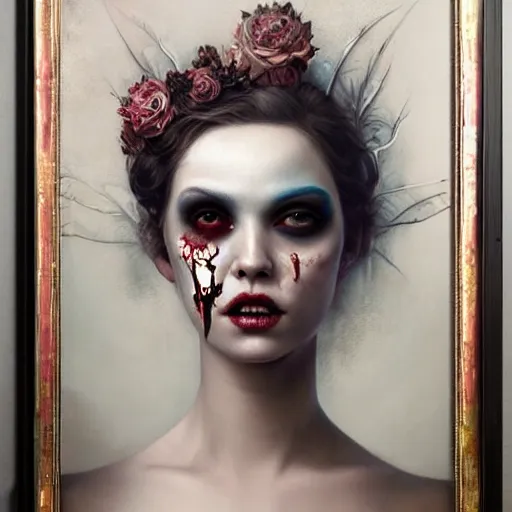 Prompt: by Tom Bagshaw, ultra realist soft painting of a carnival curiosities, beautiful single female zombie in a corset, symmetry accurate features, very intricate details, focus, curvy, award winning, ultra dense fog