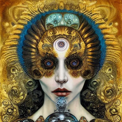 Image similar to Memento Mori by Karol Bak, Jean Deville, Gustav Klimt, and Vincent Van Gogh, beautiful visionary mystical portrait, calavera, otherworldly, fractal structures, ornate gilded medieval icon, third eye, spirals, jeweled calavera