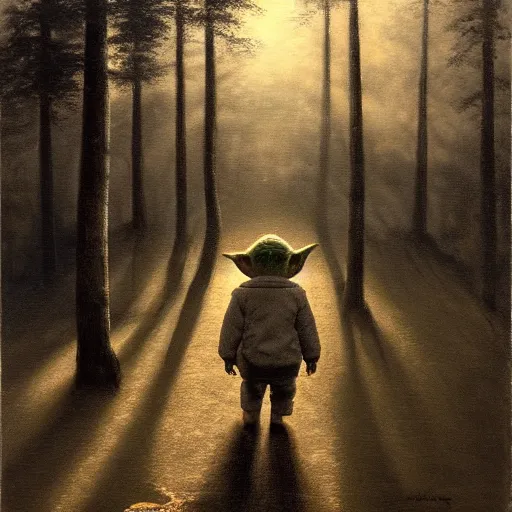 Image similar to high - angle view, shot from 5 0 feet distance, baby yoda strolls on a well lit path in a dimly lit forest. dramatic clouds, setting sun. oil on canvas painting,, light, shadow, contrast, detailed, depth, volume, chiaroscuro, drama, quiet intensity, serene, willem kalf,