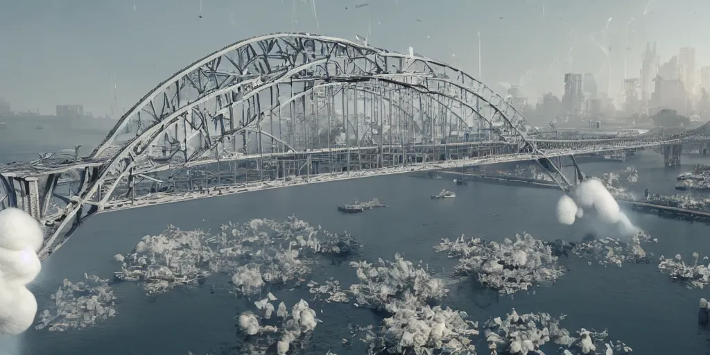 Prompt: explosions in the form of realistic white cotton plants on harbour bridge, huge white cotton everywhere on the destroyed harbour bridge, smooth, sharp focus, highly detailed, 3 d octane render, epic lighting, crazy atmosphere, lots of white cotton, 8 k, by goro fujita