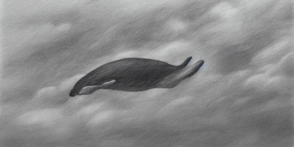 Image similar to a whale swimming in the sky, a dark cloudy day, a shot from skyscrapper, pencil drawing, ultra realistic, dmt