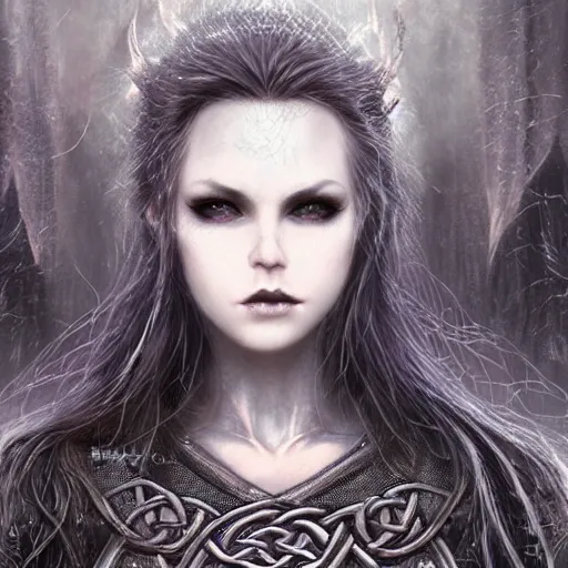 Prompt: kerli koiv, celtic witch, darkwave, darksynth headshot character portrait, sharp, digital matte painting, art by luis royo, greg rutkowski, wlop, dramatic lighting, trending on artstation