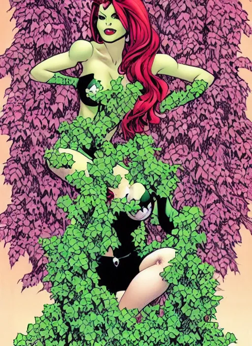 Image similar to dc comics poison ivy character sitting in a throne made of vines and trees art by frank cho, joe chiodo, bruce timm