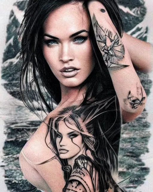 Image similar to creative double exposure effect tattoo design sketch of megan fox with beautiful mountain scenery, realism tattoo, in the style of matteo pasqualin, amazing detail, sharp