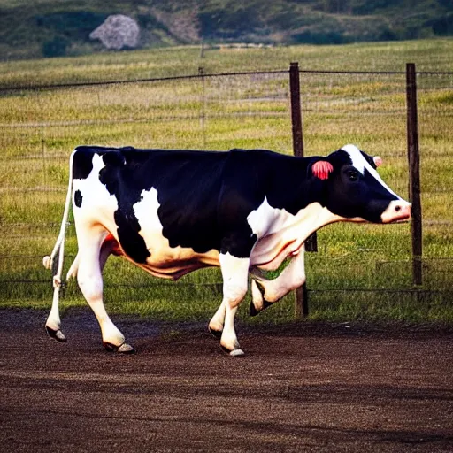 Prompt: cow running from a cage