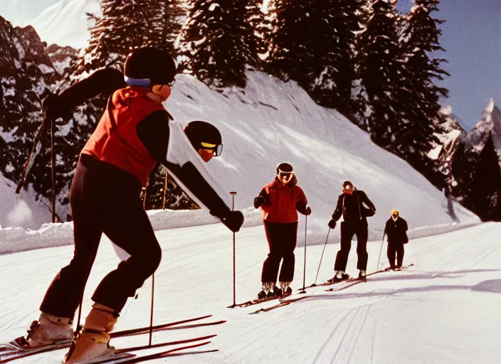 Image similar to a 3 5 mm kodachrome photo of people skiing in the swiss alps in the 1 9 5 0's, bokeh, canon 5 0 mm, cinematic lighting, film, photography, golden hour, depth of field, award - winning