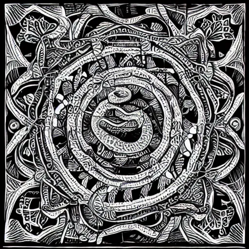 Image similar to detailed, black and white, a snake surrounded by lotus flowers and geometry