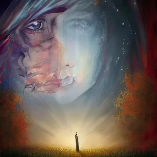 Image similar to two star crossed lovers at the end of time, artstation hall of fame gallery, editors choice, #1 digital painting of all time, most beautiful image ever created, emotionally evocative, greatest art ever made, lifetime achievement magnum opus masterpiece, the most amazing breathtaking image with the deepest message ever painted, a thing of beauty beyond imagination or words