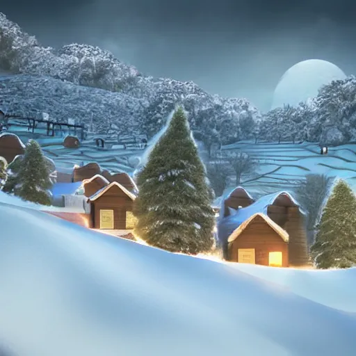 Prompt: ultra realistic landscape, houses in the mountain, cold weather, snow, at night