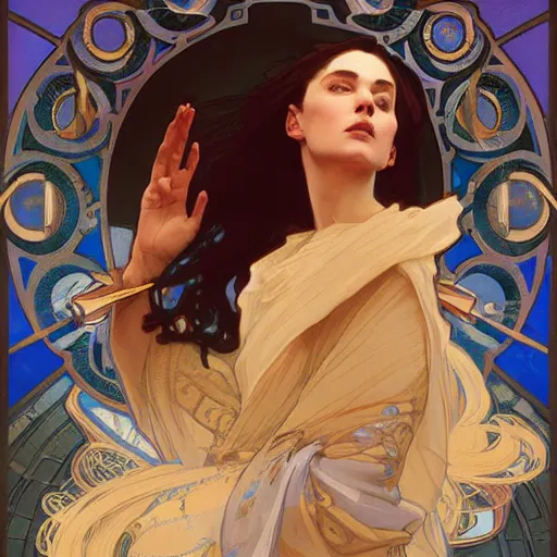 Image similar to Female wizard with blue robes, digital art, art by Alphonse Mucha, Greg Rutkowski, Alex Ross, WLOP, Artstation, 8K
