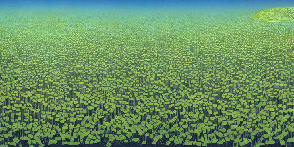 Prompt: Artwork by Tim White of the cinematic view of a forest of giant diatoms.