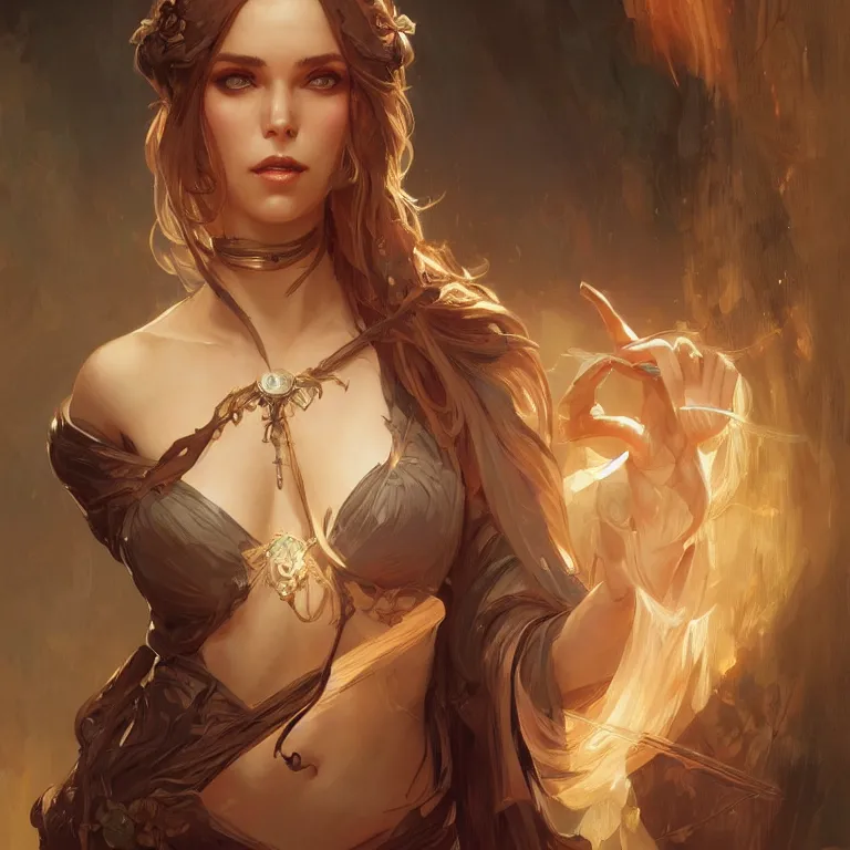 Image similar to portrait of a hot woman, D&D, fantasy, highly detailed, digital painting, artstation, smooth, sharp focus, illustration, art by artgerm and greg rutkowski and alphonse mucha