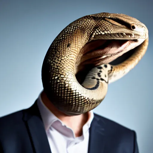 Image similar to A man with the head of a python in a business suit