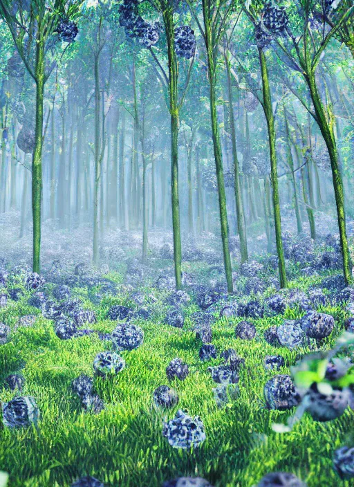 Prompt: deep in the blueberry forest, hazy summer day, detailed digital art, dreamy, 8k, octane render, depth of field