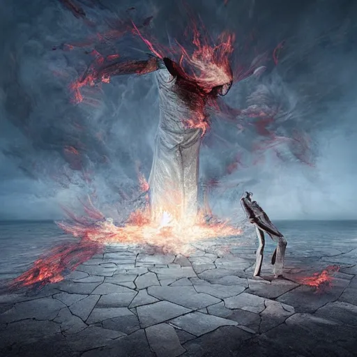 Image similar to extremely realistic Pulsing elemental Middle orders Dominions Virtues figure infused with crystalline fire Painting by Erik Johansson