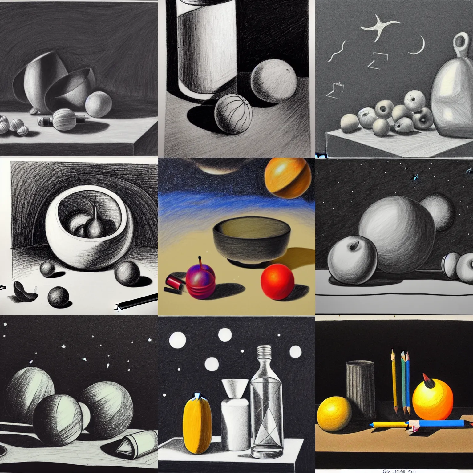 Prompt: still life drawing in the style of pencils are omitted and the night sky is included as a surrealistic element