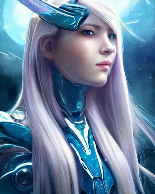 Image similar to beautiful girl on a mothership, android, warframe armor, pretty face, scifi, futuristic, galaxy, raytracing, dreamy, perfect!!!, digital painting, long white hair, blue cyborg eyes, sharp focus, concept art, highly detailed, artstation, intricate, innocent, art by gauthier leblanc, kazuya takahashi, huifeng huang