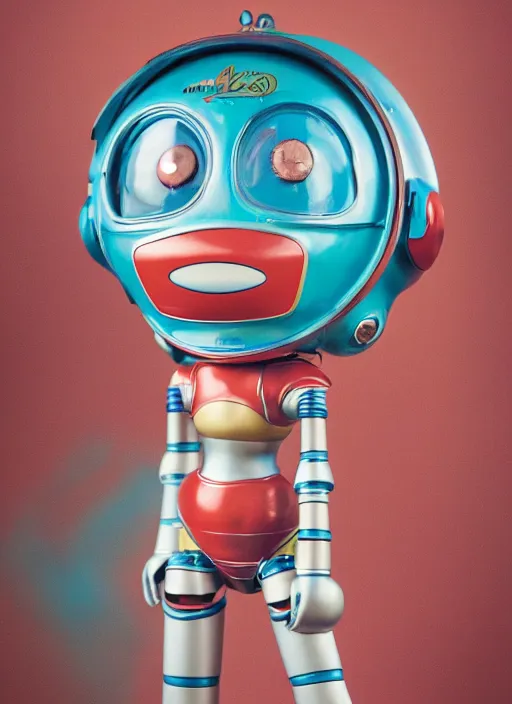 Image similar to portrait of a retro 1 9 5 0 s tin toy robot spacegirl wearing a bikini, depth of field, zeiss lens, detailed, symmetrical, centered, fashion photoshoot, by nicoletta ceccoli, mark ryden, lostfish, breathtaking, 8 k resolution, extremely detailed, beautiful, establishing shot, artistic, hyperrealistic, octane render