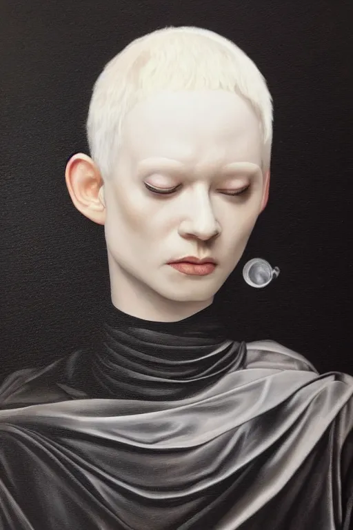 Image similar to hyperrealism oil painting, close - up portrait of albino medieval fashion model, black silk, steel gradient mixed with nebula sky, in style of baroque