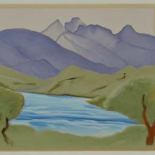 Prompt: magnificent by constantin joffe celadon. drawing. a landscape of a mountainous area with a river running through it. there are trees & plants in the foreground, & the mountains are in the background.