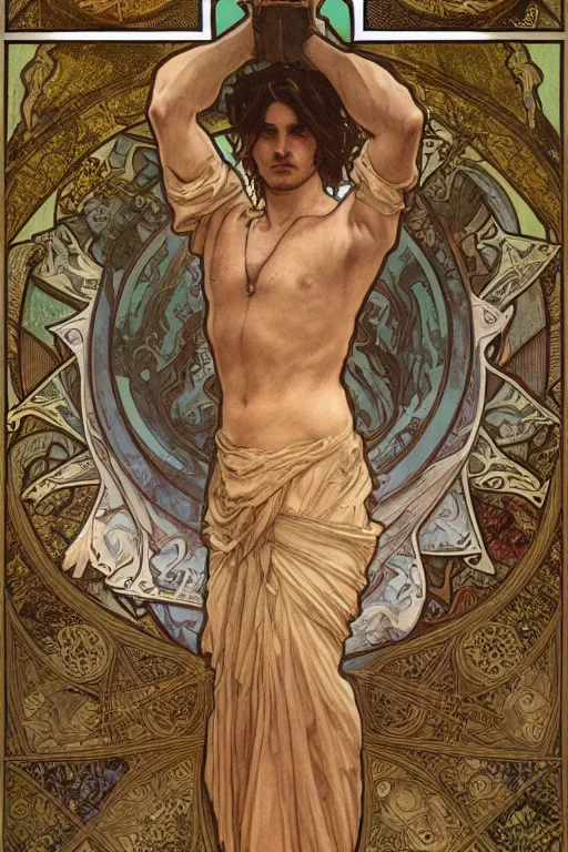 Prompt: tarot card, half - body, the devil, demon male, light robes, beautiful, medieval, super detailed, ornate, by alphonse mucha, stjepan sejic, greg rutkowski, symmetry, 8 k, sharp focus