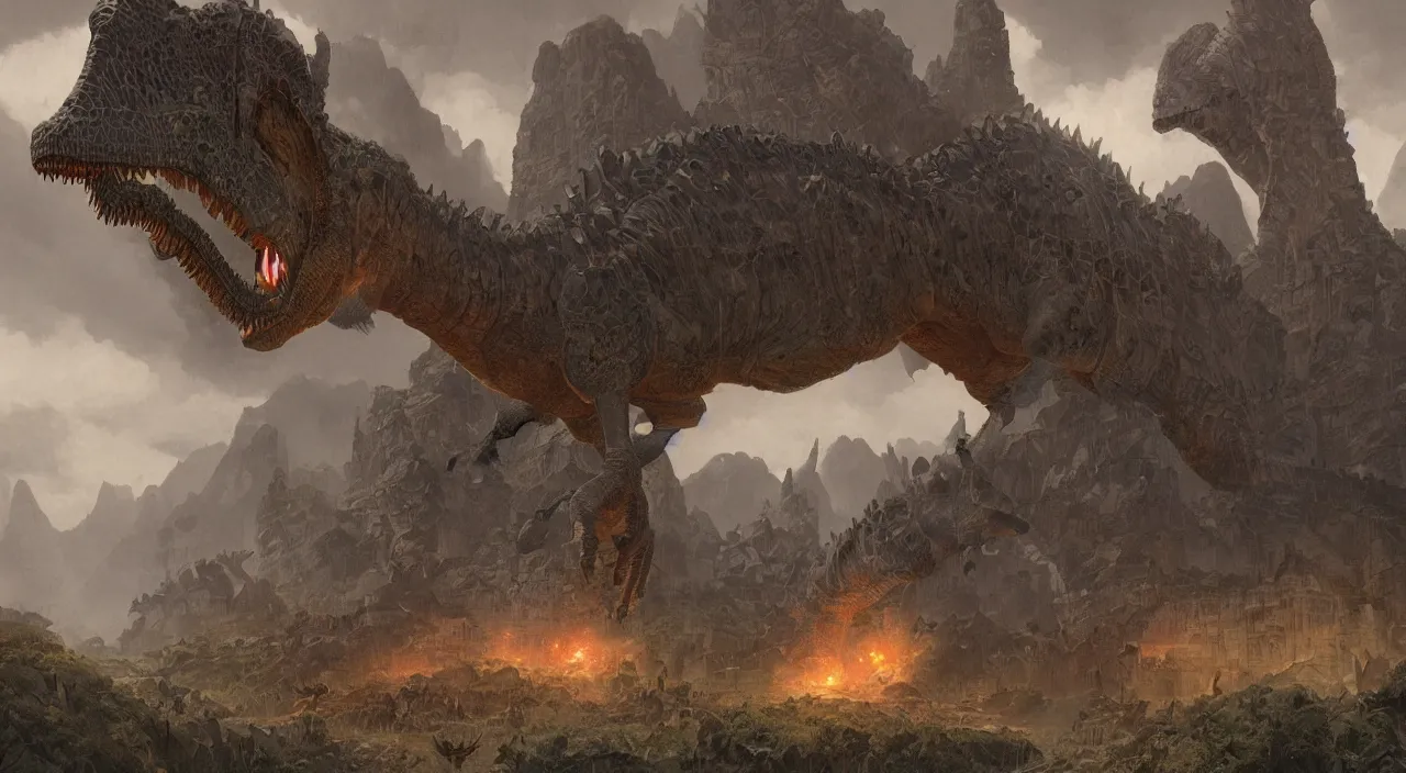 Image similar to technicolor dinosaurs, glowing with magic, surrounded by slate grey walls, matte painting, fantasy art, concept art, greg rutkowski, james gurney, johannes voss, hasui kawase.