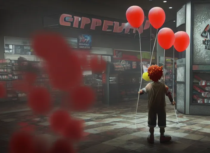 Prompt: pennywise seen shopping at gamestop, amazing details, atmospheric, surrealism, 8 k, octane render, cold hue's, warm tone gradient background