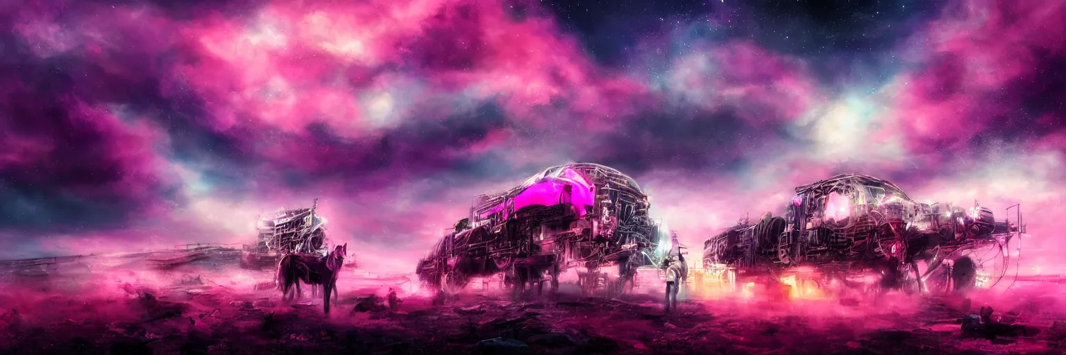 Prompt: hyperdetailed illustration, portrait big dark dog, mohawk, stars, pink, big train in space, pirate neon ship, neon, oil painting, rich deep colors masterpiece, ultra detailed, contrast, heaven pink, clouds, volumetric light, atmospheric lighting, dramatic, cinematic, moody, octane render 4 k, 8 k