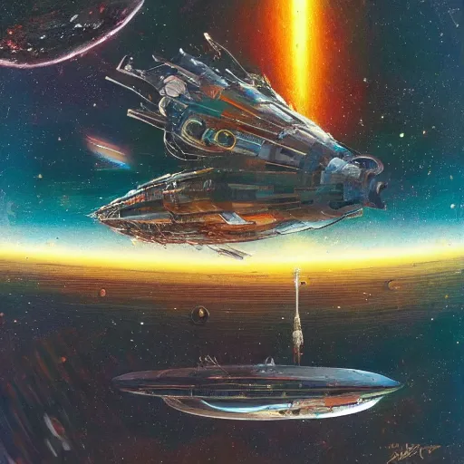 Image similar to A beautiful space ship roaming through the cosmos many pods in the style of John Berkey high definition 4K